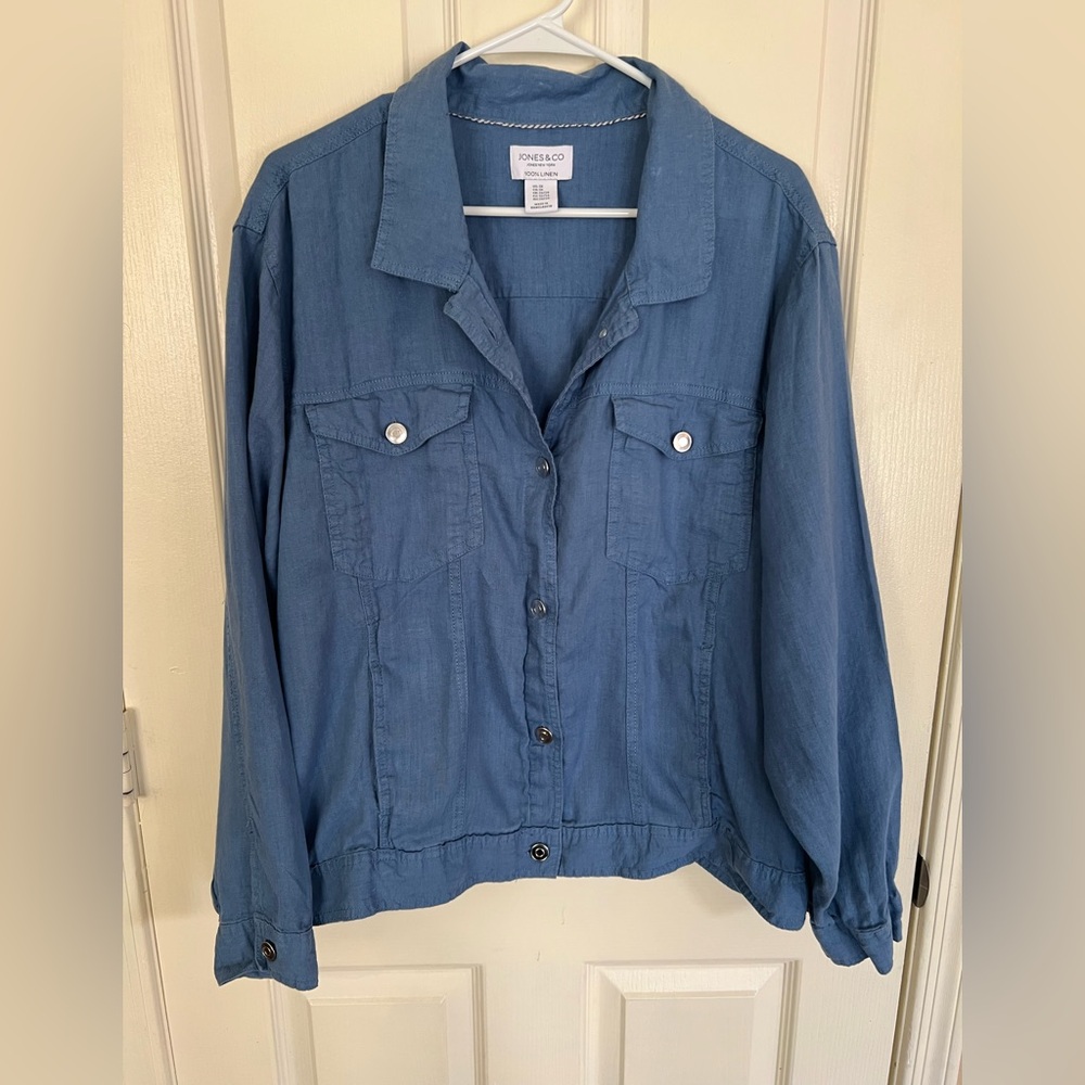 Jones & Co 100% Linen Jacket 3X Blue Lightweight Utility Button - Picture 6 of 9